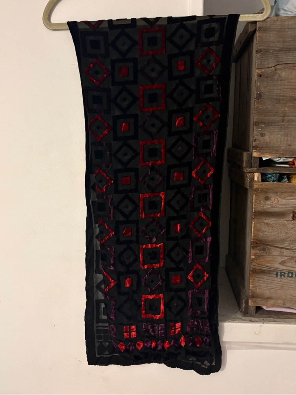 Unique Black Sheer Scarf with Red and Purple Geometric Velvet Squares